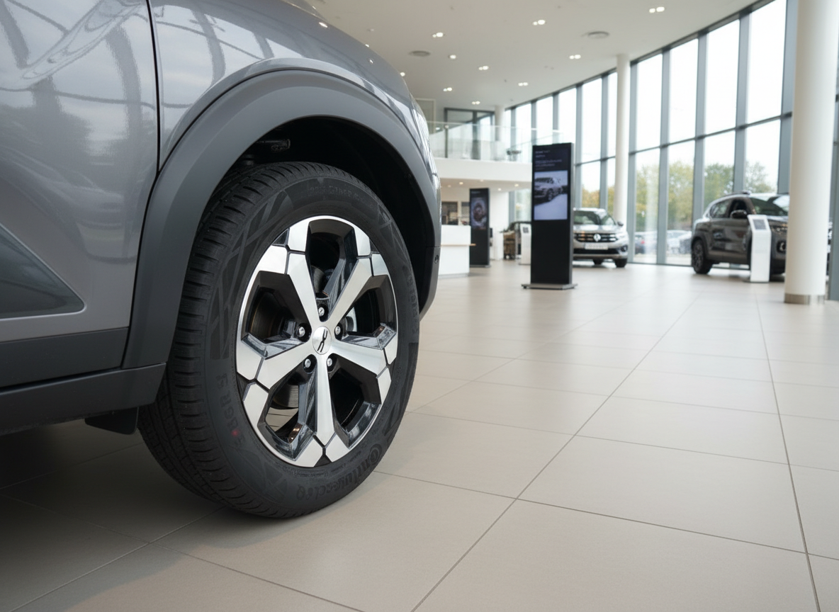 Grauer SUV im Autohaus-Showroom mit Alufelgen, Detailaufnahme Vorderrad