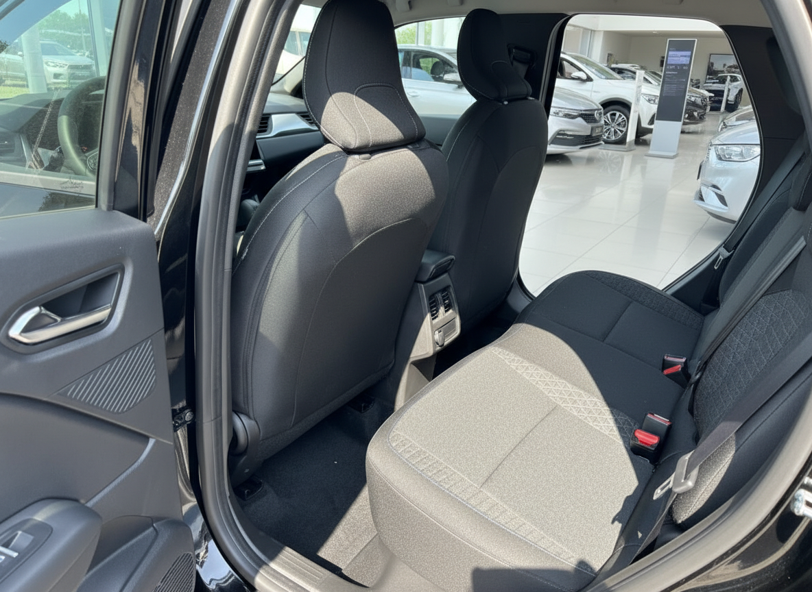 Fahrzeug Innenraum Rücksitzbereich mit schwarzen und grauen Stofssitzen im Autohaus