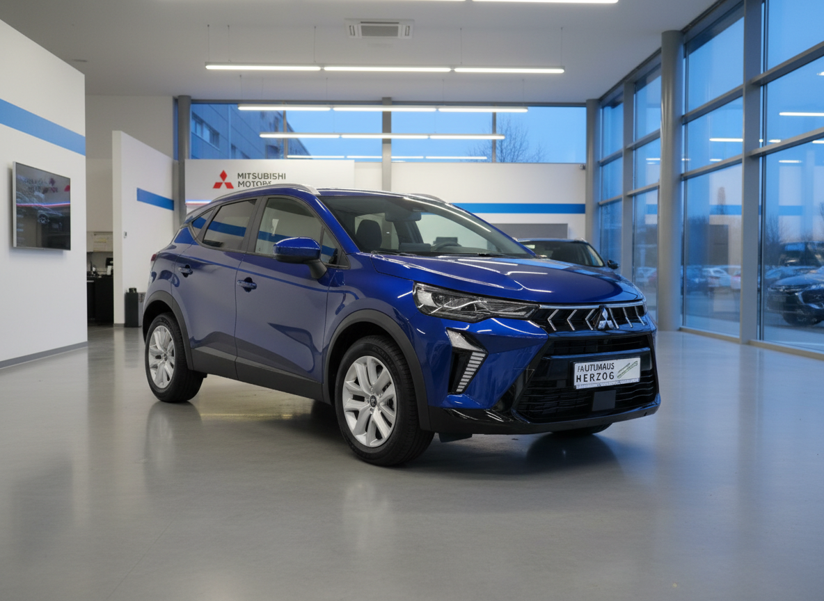 Blauer Mitsubishi SUV im Autohaus Herzog Showroom – Frontansicht