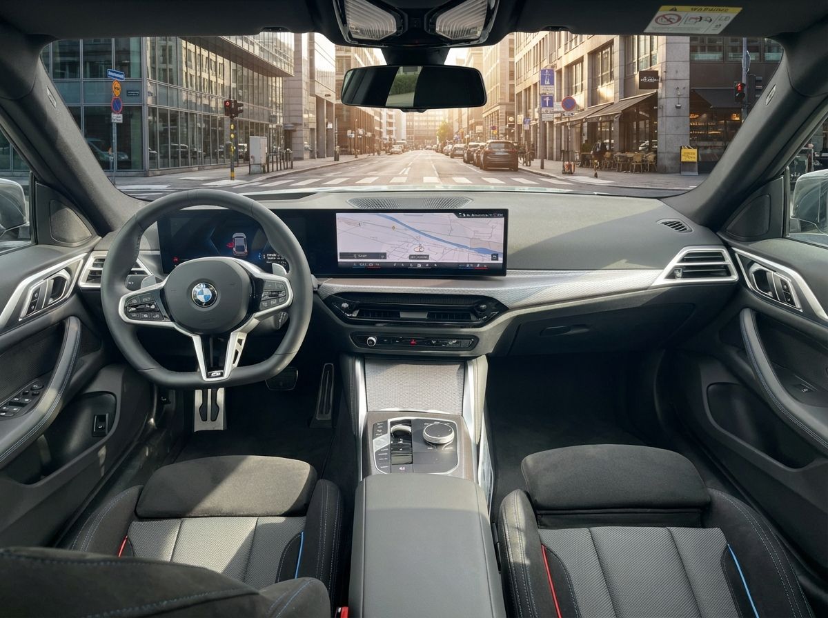 BMW Innenraum mit digitalem Cockpit, gebogenem Curved Display mit Navigation, M Sport Lenkrad, schwarzen Sportsitzen mit blauen Kontrastnähten und modernem Armaturenbrett im Autohaus