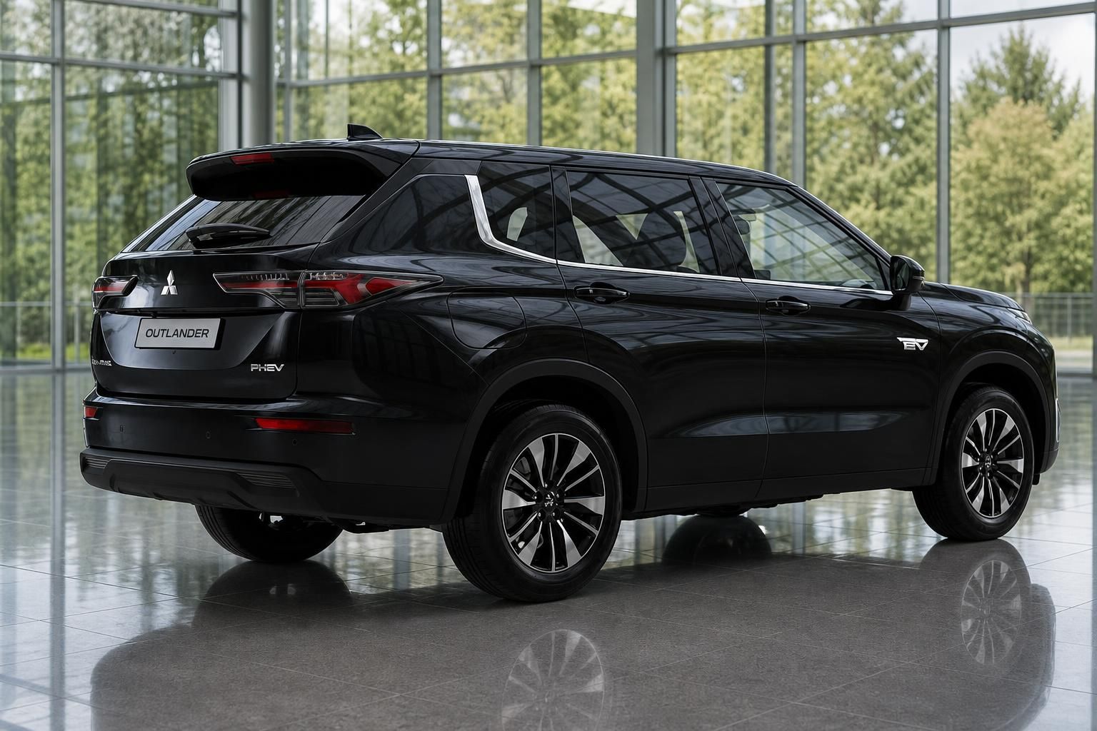 Mitsubishi Outlander PHEV schwarz Seitenansicht von hinten im Showroom