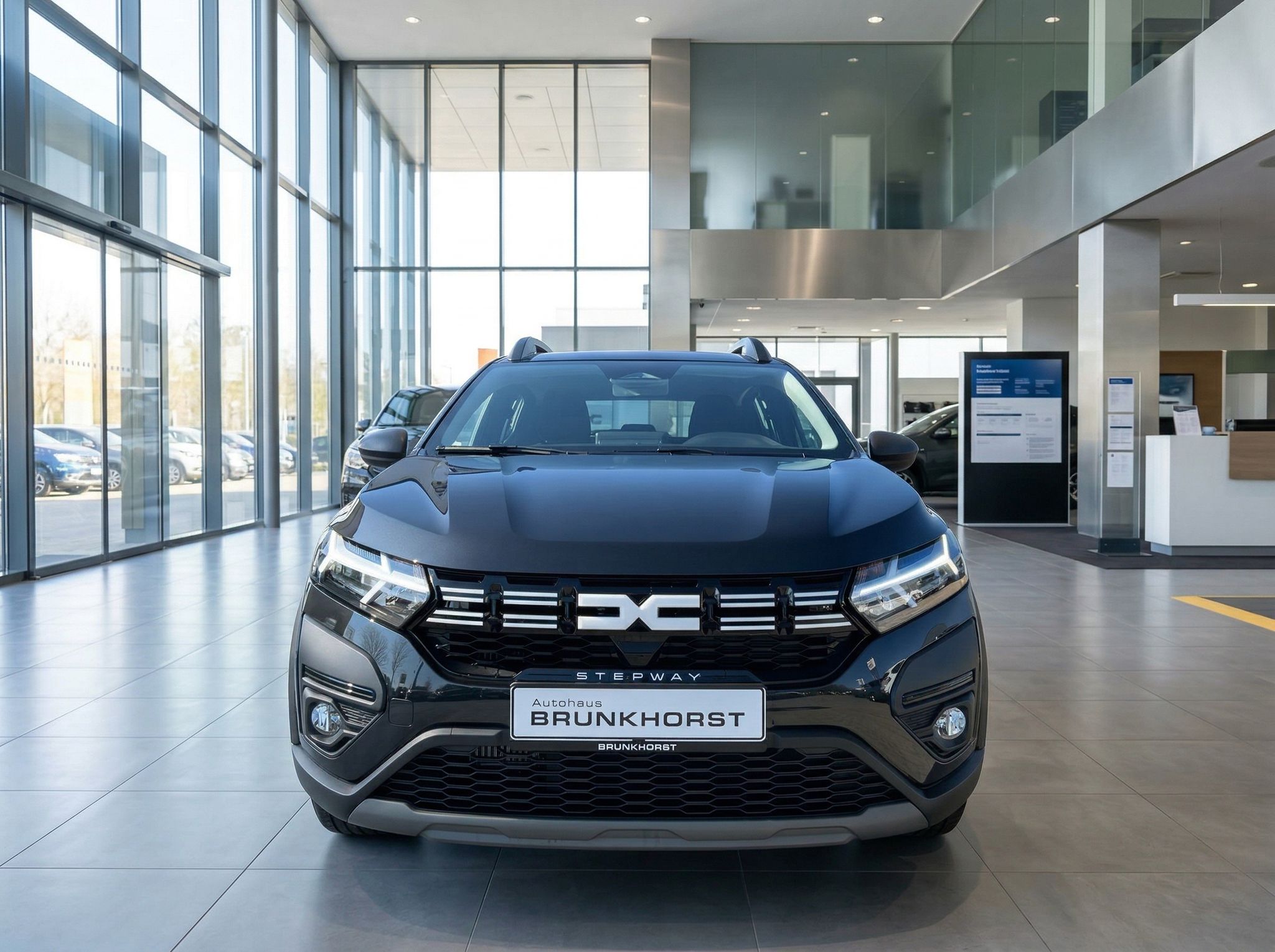 Dacia Stepway Frontansicht blau im Autohaus Showroom mit Glasfassade