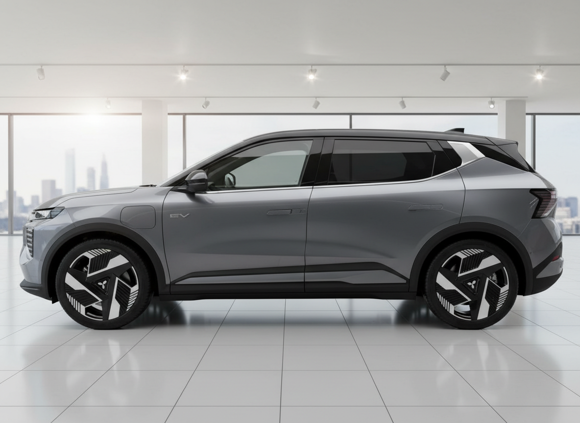Grauer Elektro-SUV in modernem Showroom, Seitenansicht mit markanten Leichtmetallfelgen