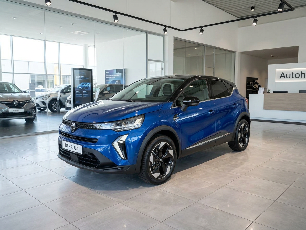 Blauer Renault Captur SUV im Autohaus Showroom – Frontansicht schräg