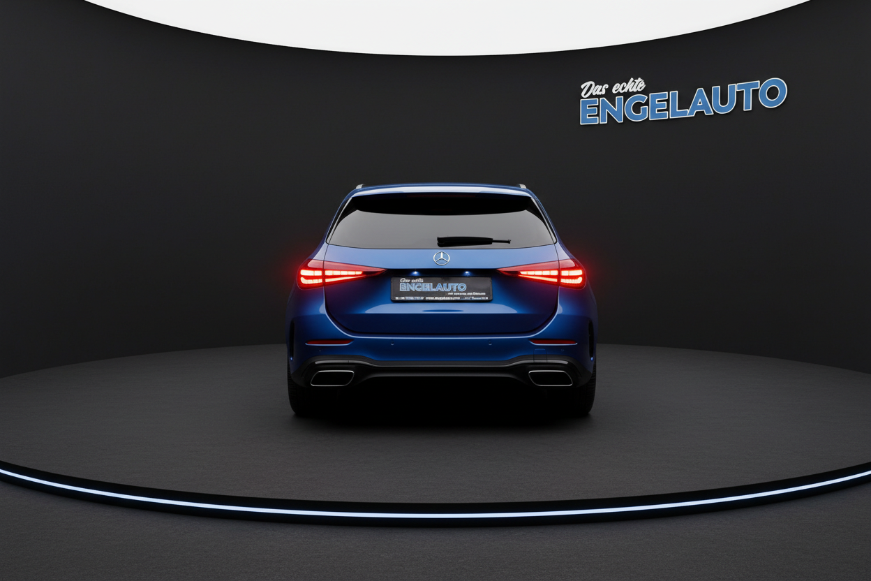 Mercedes-Benz Kombi in Blau Metallic Heckansicht mit LED-Rückleuchten auf Showroom-Bühne bei Das echte Engelauto Autohaus