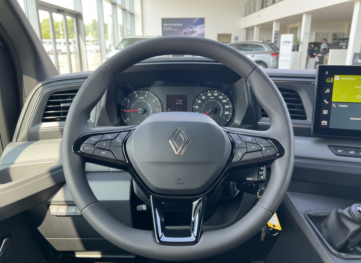 Renault Innenraum mit Lenkrad, Tacho und Touchscreen-Display im Autohaus