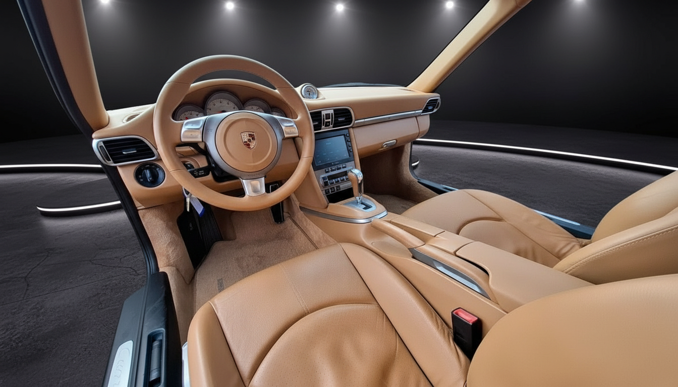 Porsche 911 Innenraum mit cognacfarbenem Leder, Sportlenkrad und Mittelkonsole