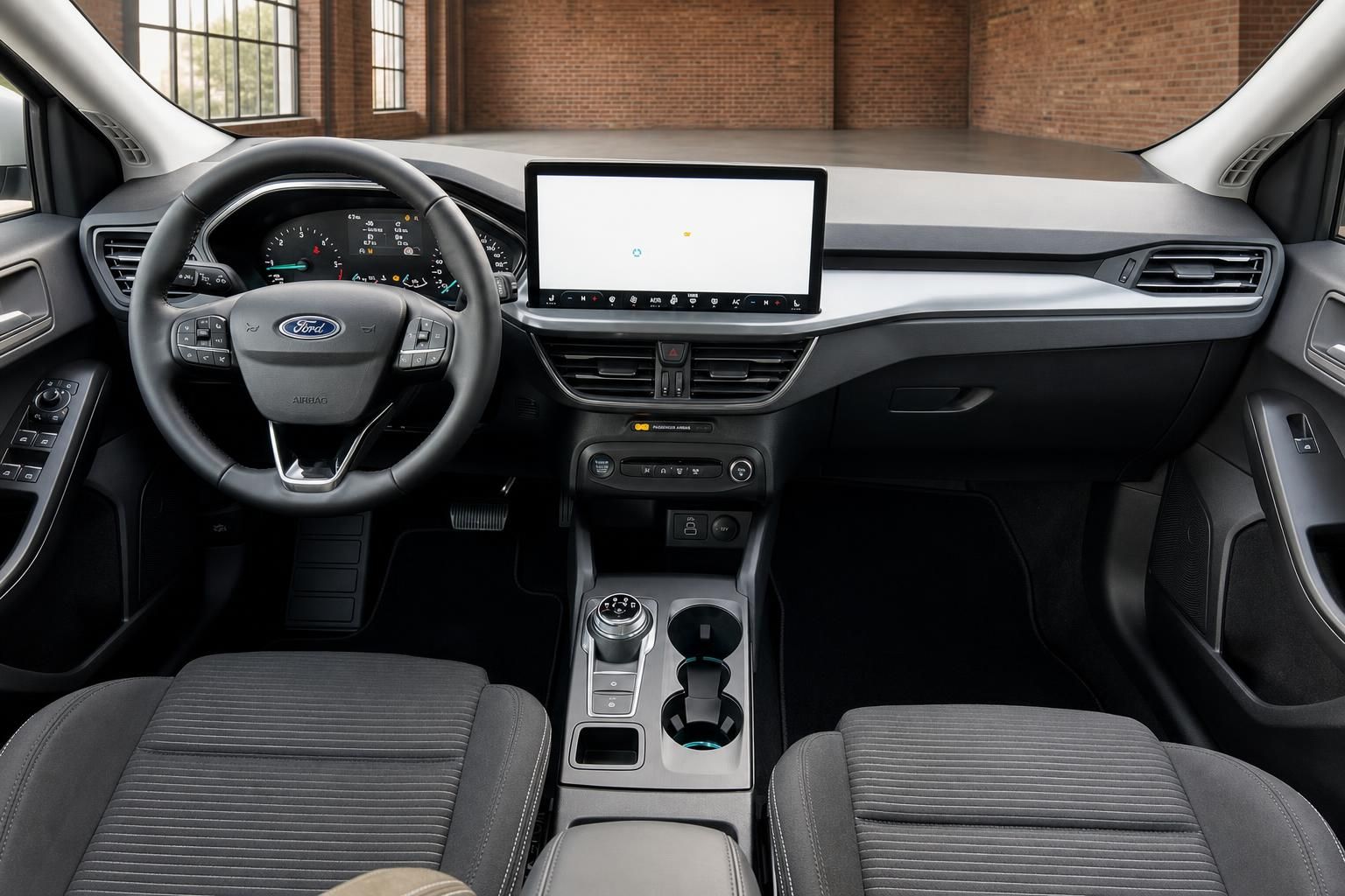 Ford Cockpit Frontalansicht mit Lenkrad, Display und Sitzen