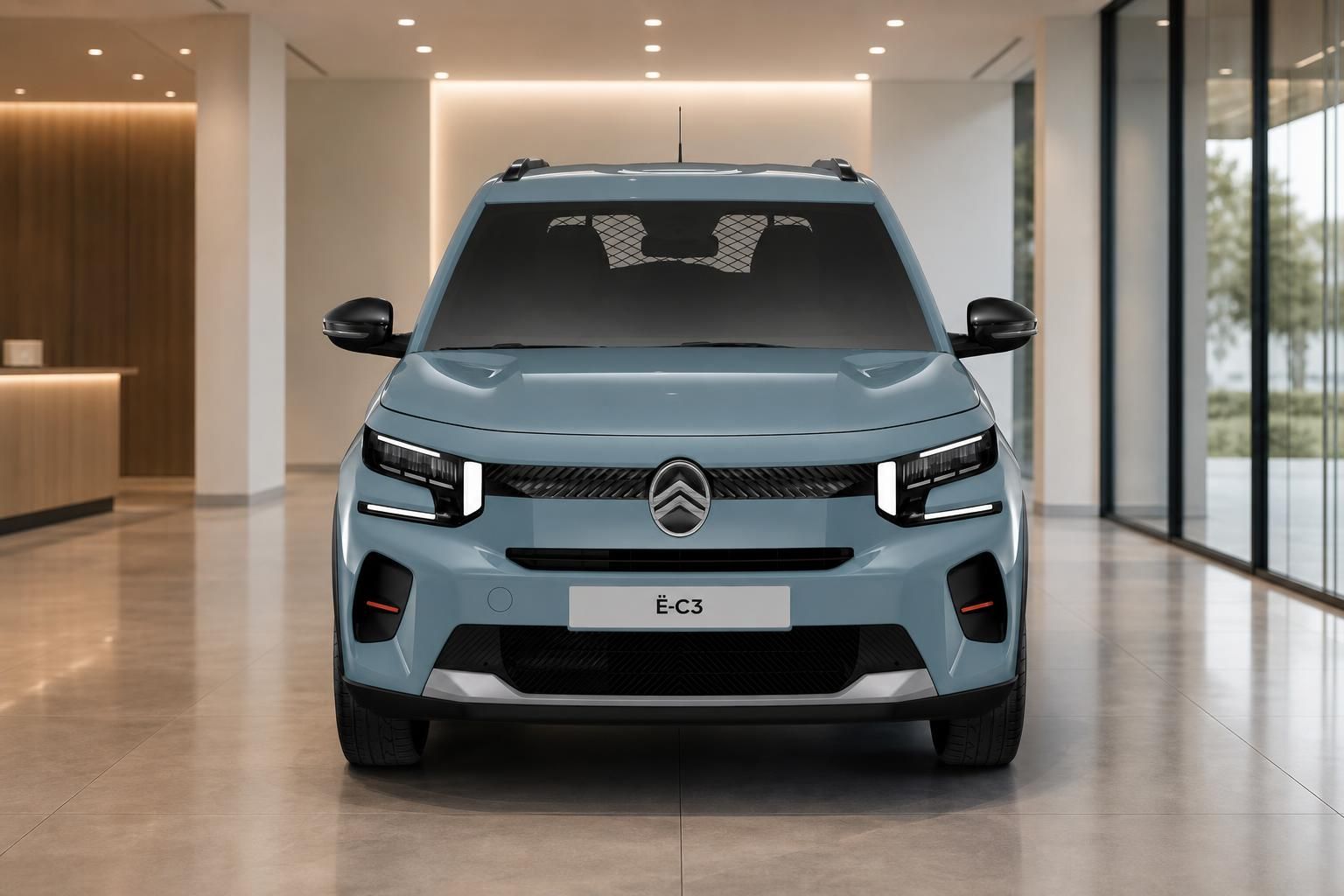 Citroën ë-C3 in Hellblau, Frontansicht im Showroom