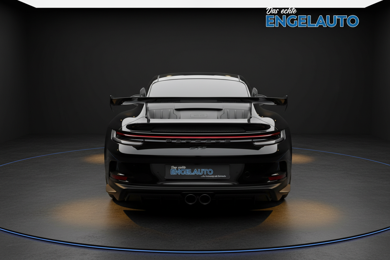 Schwarzer Porsche 911 GT3 Heckansicht mit Spoiler und LED-Rückleuchten im Showroom bei Das echte Engelauto Händler