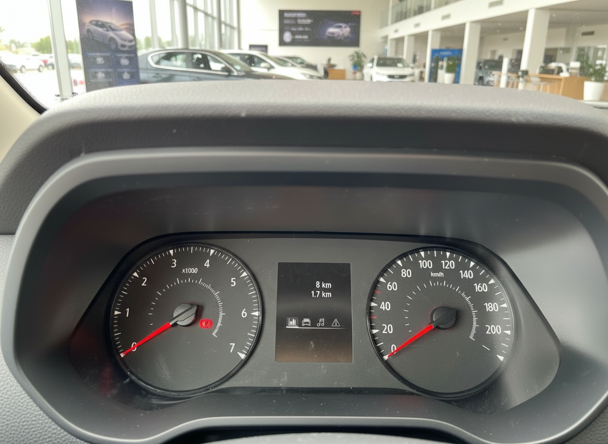 Fahrzeug-Armaturenbrett mit Tacho und Drehzahlmesser im Autohaus