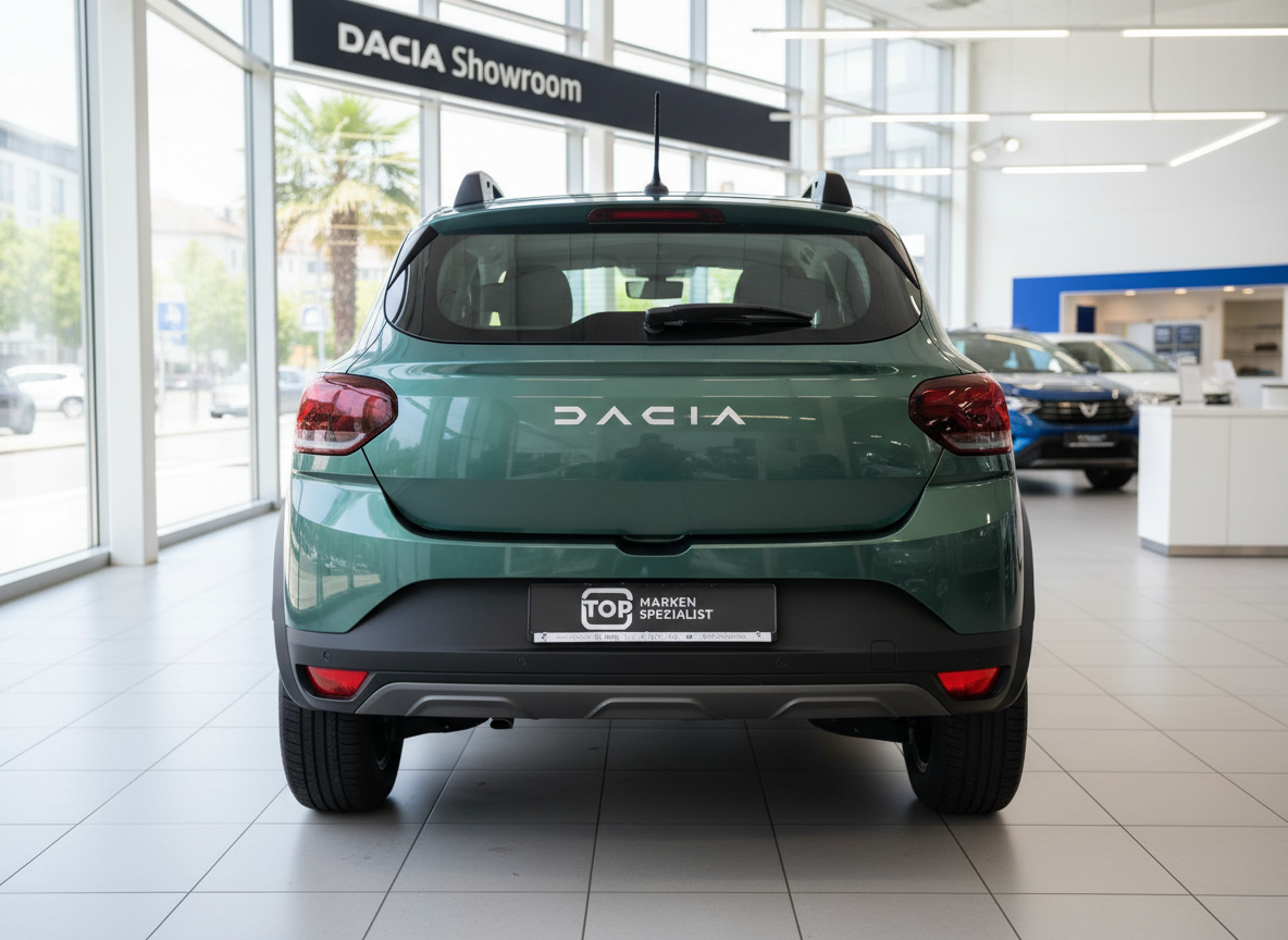 Dacia Sandero Stepway in Grün, Heckansicht im Dacia Showroom