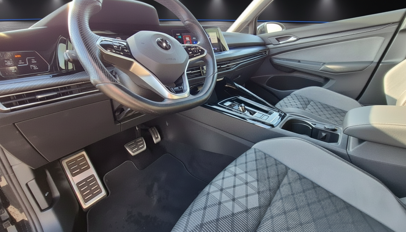 VW Golf 8 Innenraum Fahrersitz mit Lenkrad, Digitalcockpit und Mittelkonsole