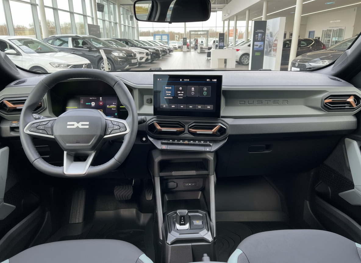 Dacia Duster Innenraum mit Touchscreen, digitalem Cockpit und modernem Lenkrad im Autohaus