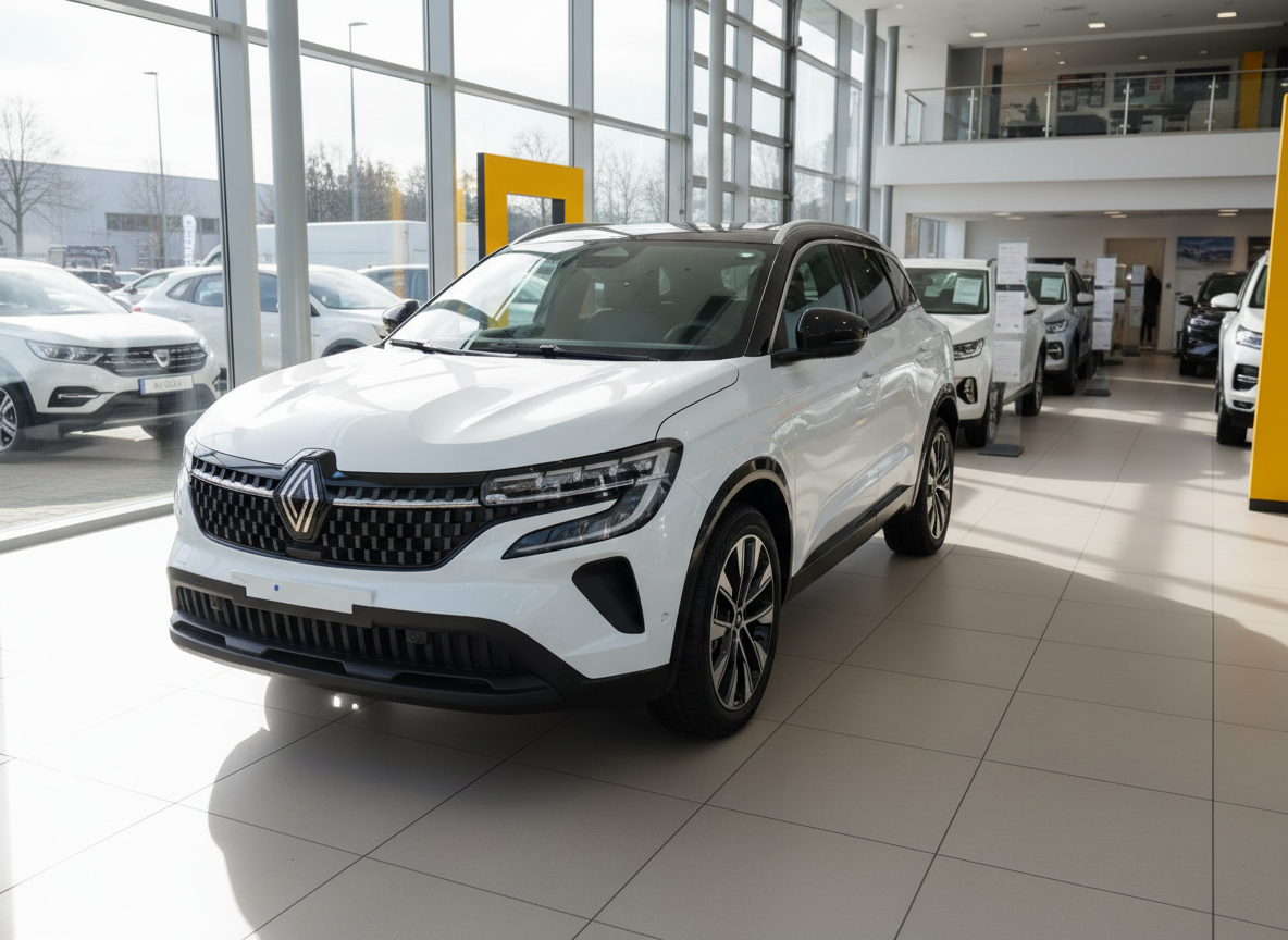 Renault Austral weiss SUV Frontansicht im Autohaus Showroom