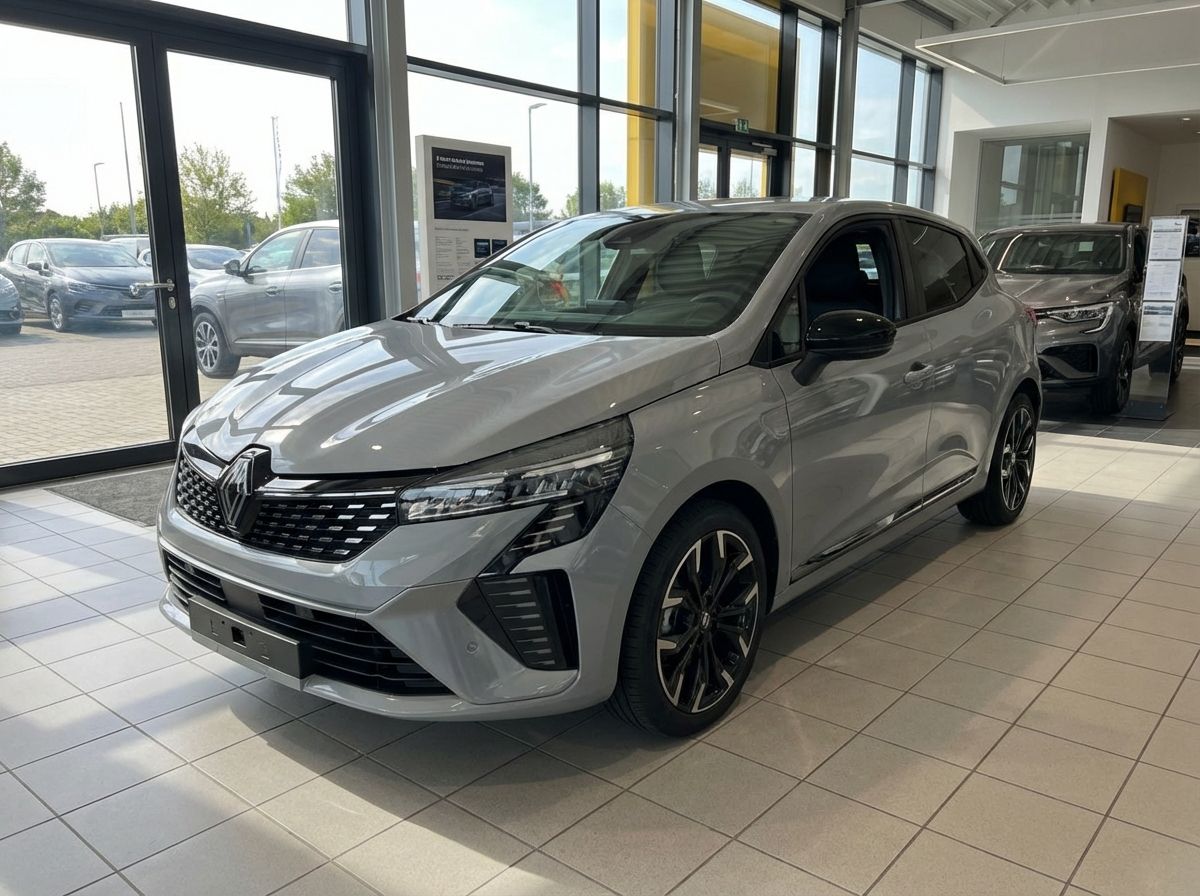 Renault Clio 5 in Grau im Autohaus Showroom – Frontansicht mit Alufelgen