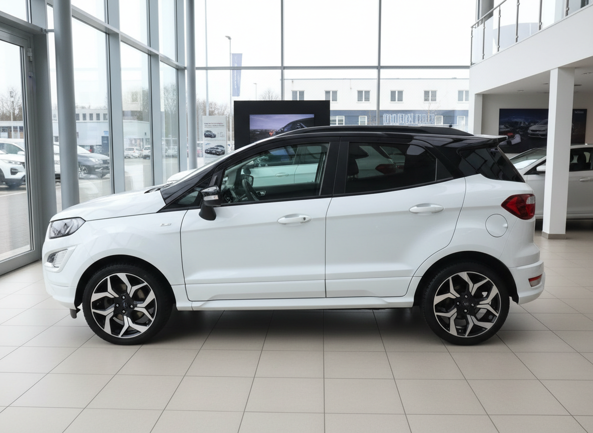 Weißer Ford EcoSport ST-Line im Autohaus Showroom, Seitenansicht mit schwarzem Dach