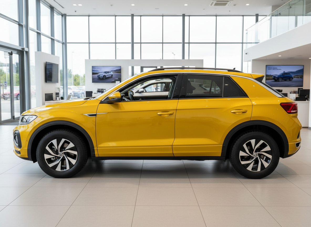 Gelber Volkswagen T-Roc SUV in Autohaus-Showroom, Seitenansicht