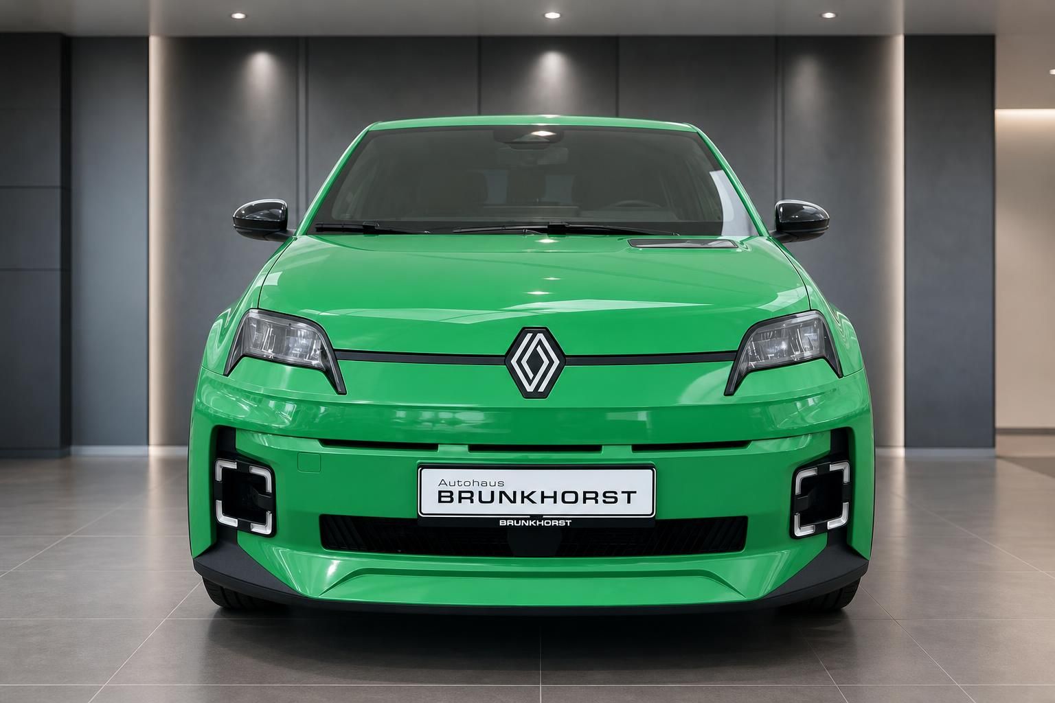 Renault 5 E-Tech Electric grün Frontansicht – Elektroauto mit Renault-Logo bei Autohaus Brunkhorst