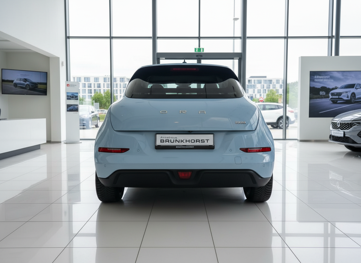 ORA Funky Cat in Hellblau – Heckansicht im Autohaus Brunkhorst