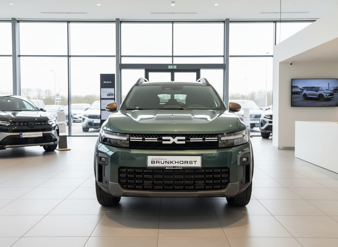 Dacia Duster SUV in Dunkelgrün Frontansicht im Autohaus Brunkhorst Showroom