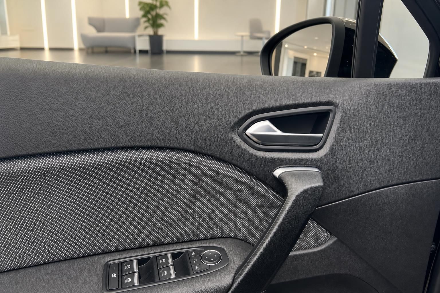 Türverkleidung mit Fensterhebern und Chrom-Türgriff im Detail