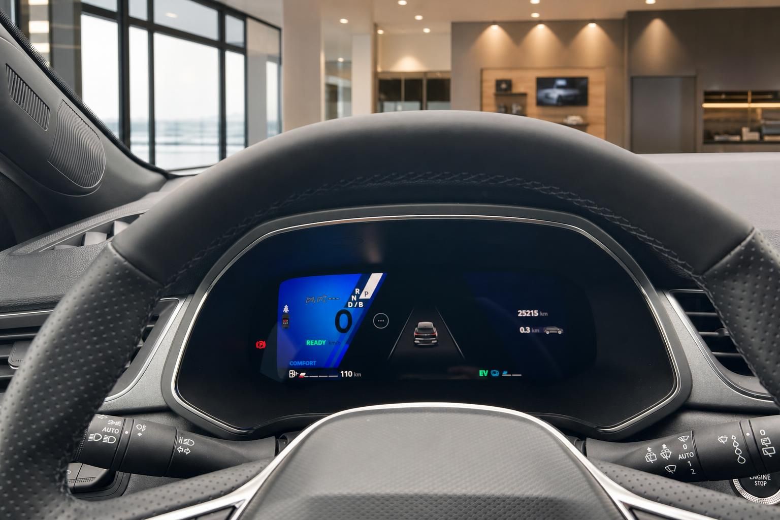 Digitales Kombiinstrument mit Fahrdaten im Fahrzeug-Cockpit