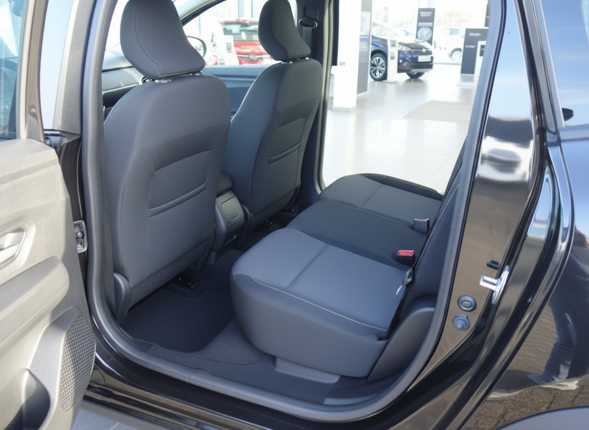 Fahrzeug Innenraum Rücksitzbank in Grau – sauberer Zustand, Blick durch geöffnete Tür