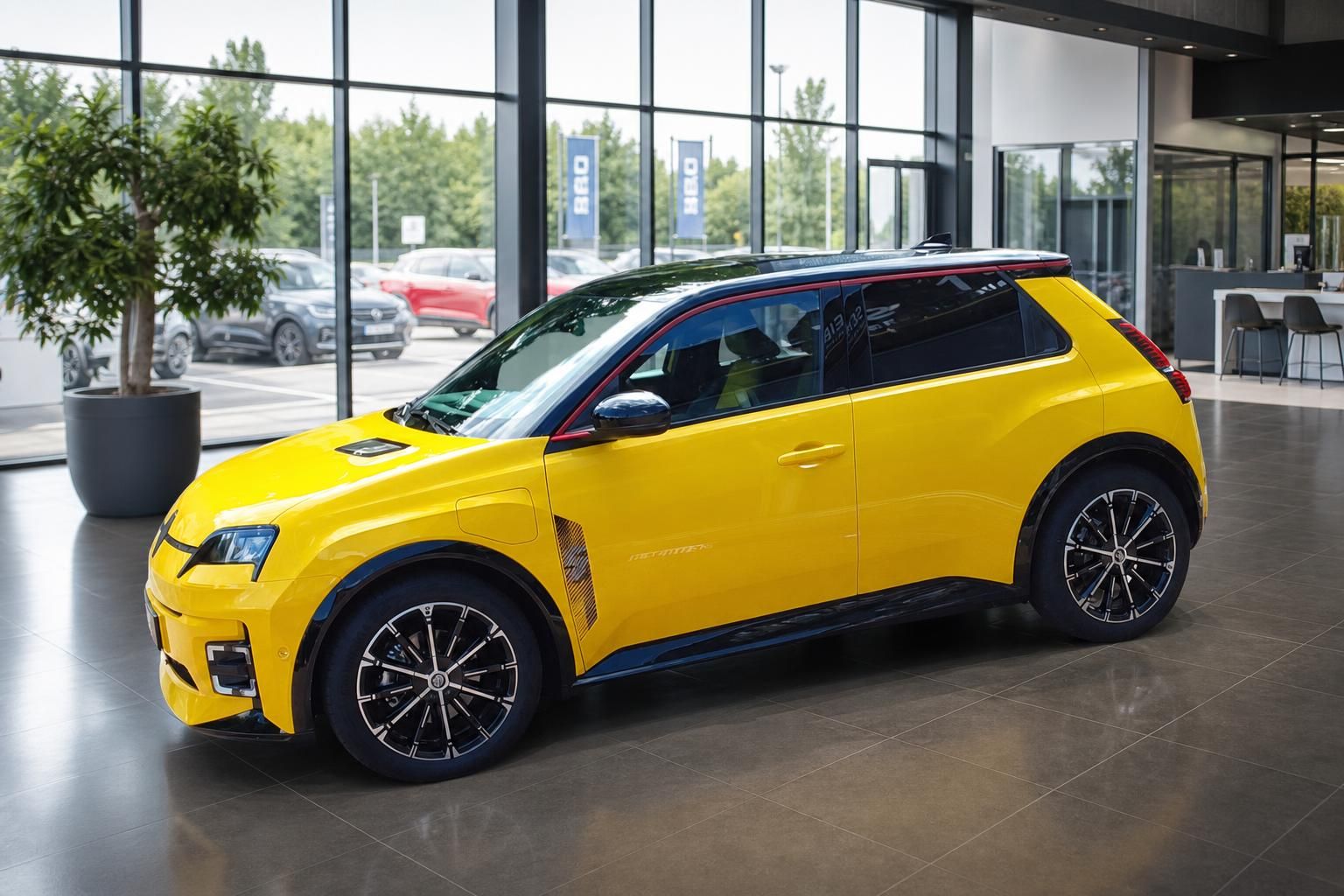 Gelber Renault 5 mit sportlichen Felgen im Autohaus praesentiert
