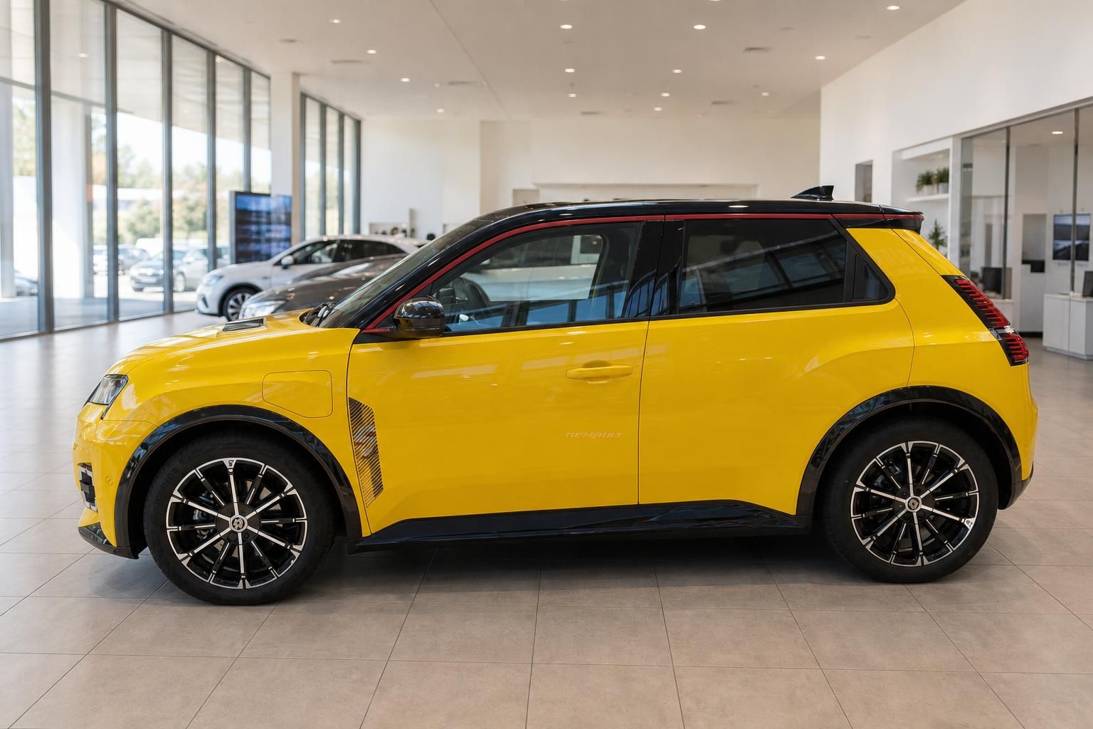 Renault 5 in Gelb mit schwarzem Dach, Seitenansicht Showroom