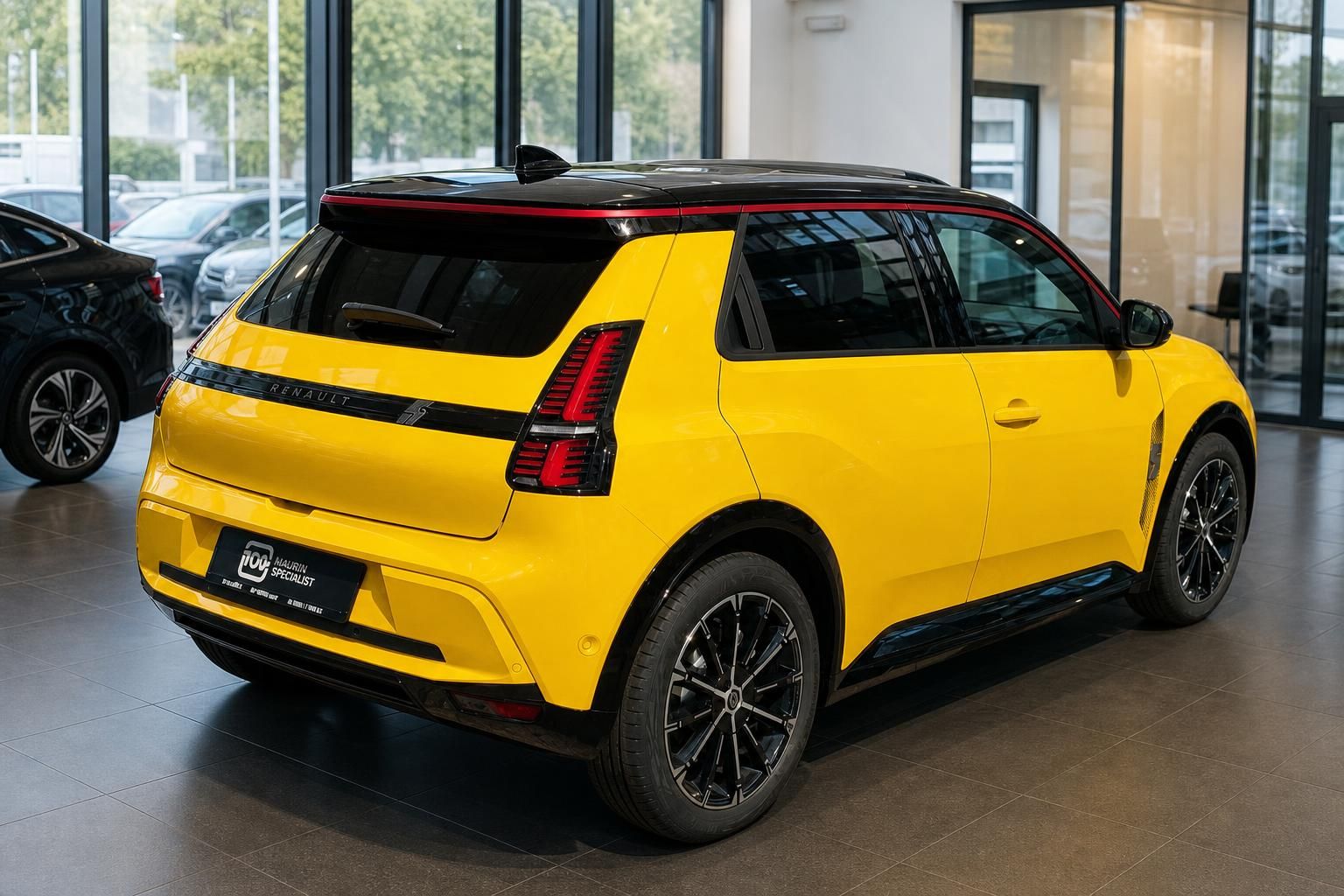 Gelber Renault 5 Heckansicht mit rotem Dachrand im Autohaus
