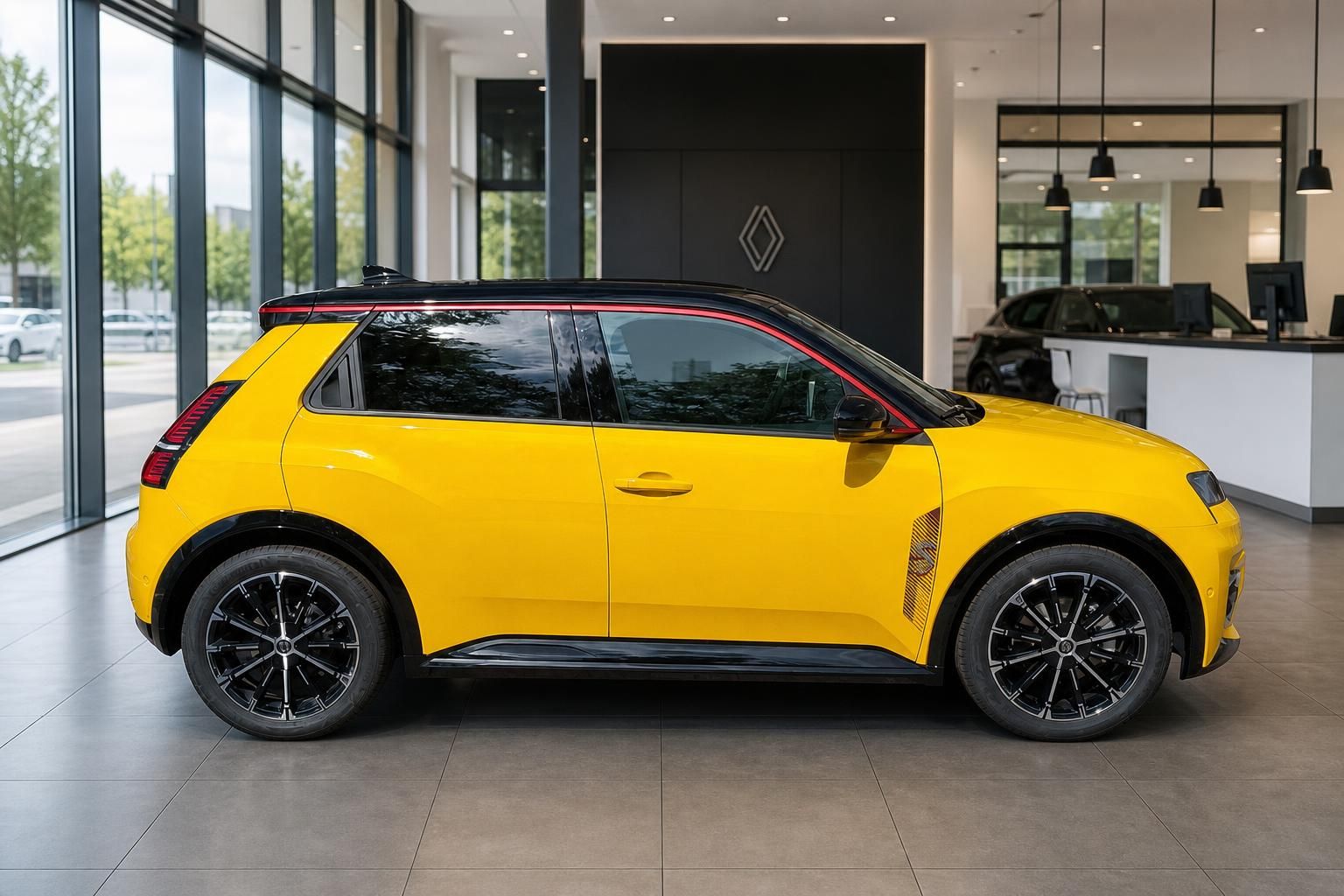 Gelber Renault 5 Seitenansicht im Autohaus Showroom