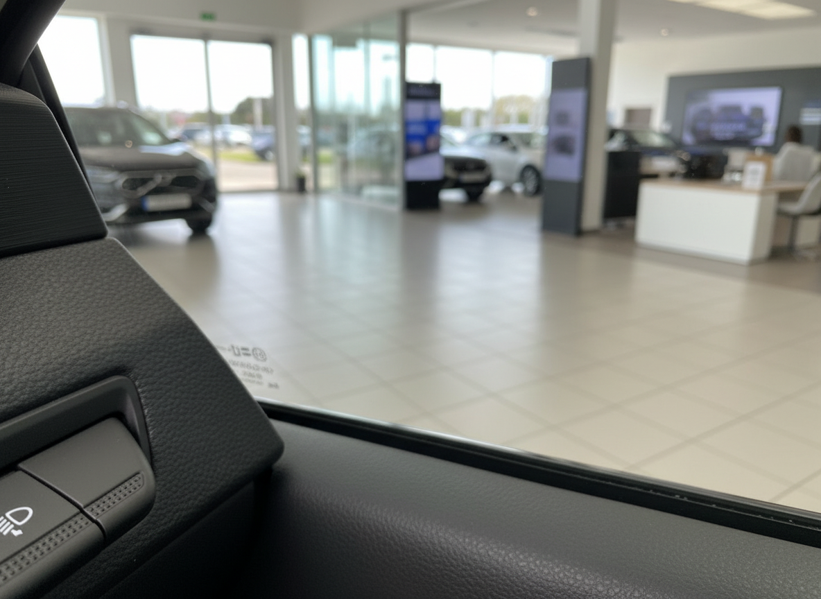 Fahrzeuginnenraum mit Lenkstockhebel im Autohaus-Showroom