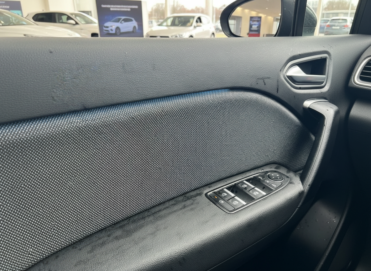 Fahrzeuginnenraum Fahrertür mit Fensterheber-Schalter und Türverkleidung in Grau-Schwarz