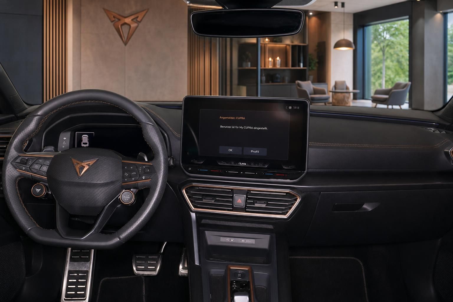 Cupra Leon Innenraum mit Lenkrad, Touchscreen-Infotainment und kupferfarbenen Akzenten