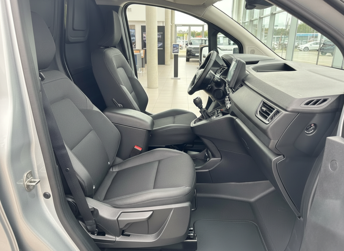 Fahrzeug Innenraum mit schwarzen Sitzen, Mittelkonsole und Cockpit in modernem Van