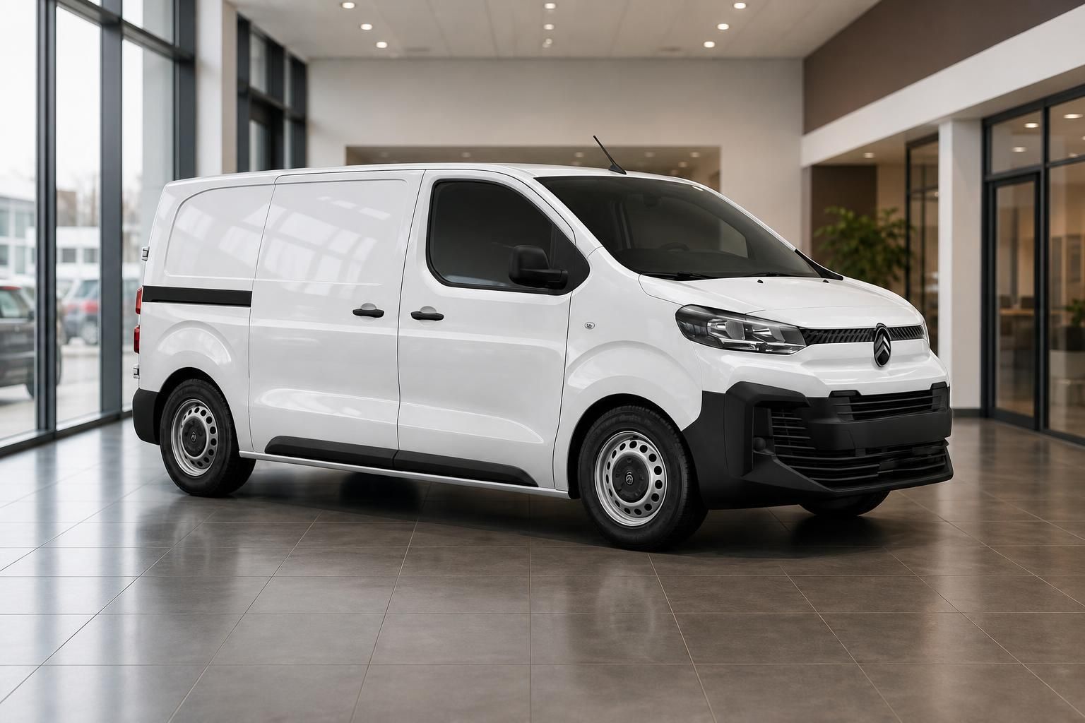 Citroen Kastenwagen weiss, Frontansicht schraeg im Showroom