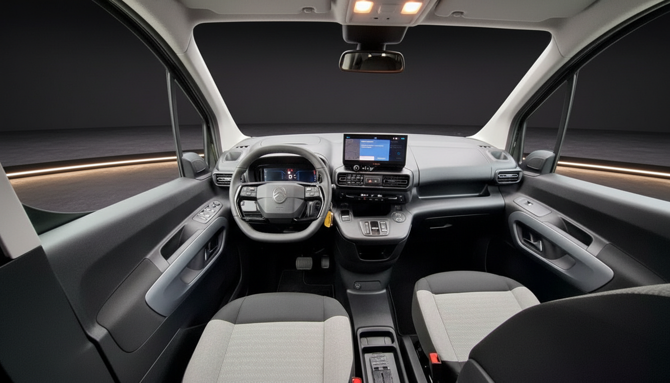 Citroën Berlingo Innenraum mit Touchscreen, Lederlenkrad und modernem Cockpit in Grau-Weiß