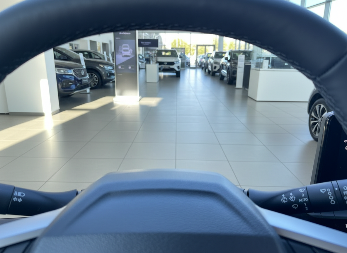 Blick durch das Lenkrad eines Fahrzeugs in einem Hyundai Autohaus mit mehreren Ausstellungsfahrzeugen