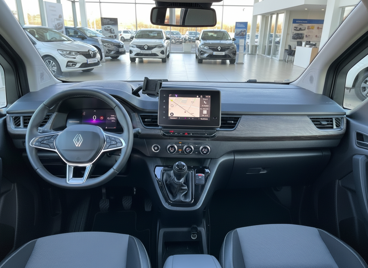 Renault Kangoo Innenraum mit Lenkrad, Touchscreen-Navigation und manuellem Getriebe im Autohaus