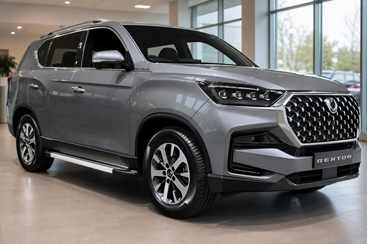 SsangYong Rexton grau Frontschräge im Autohaus – markanter Kühlergrill und LED-Scheinwerfer