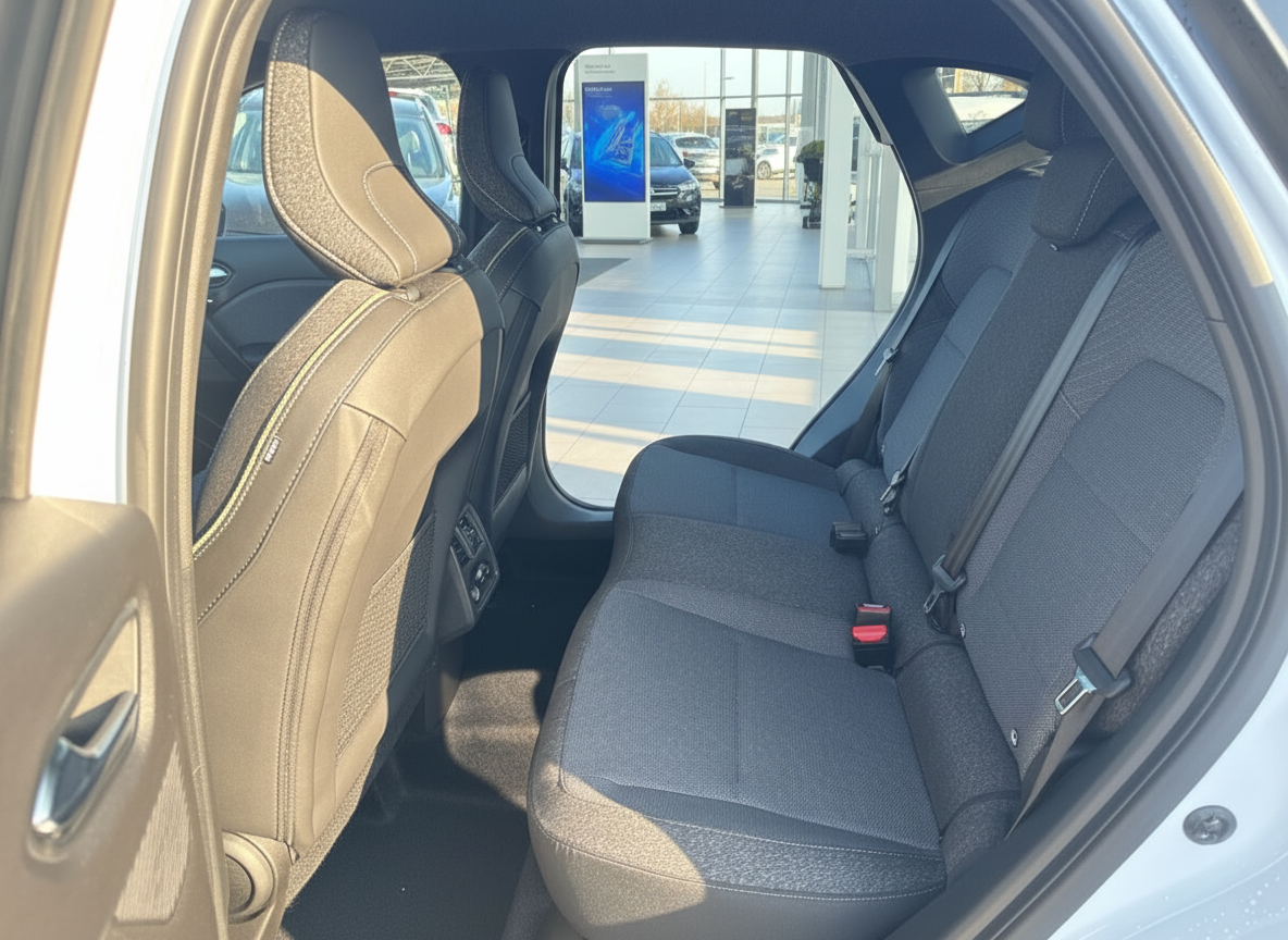 Innenraum Rücksitzbank eines modernen SUV mit schwarzen Stoffsitzen und braunen Ledervordersitzen im Autohaus