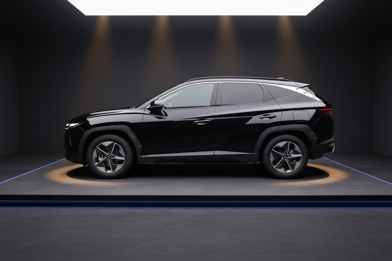 Schwarzer Hyundai Tucson SUV Seitenansicht in modernem Showroom mit dramatischer Beleuchtung und elegantem Design mit markanten Felgen und sportlicher Silhouette