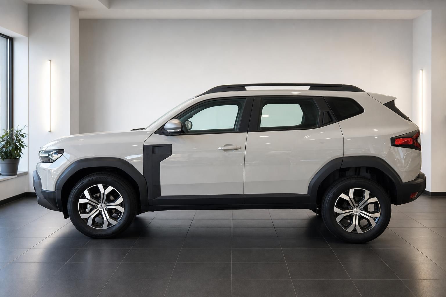 Dacia SUV in Weiß Seitenansicht im Autohaus