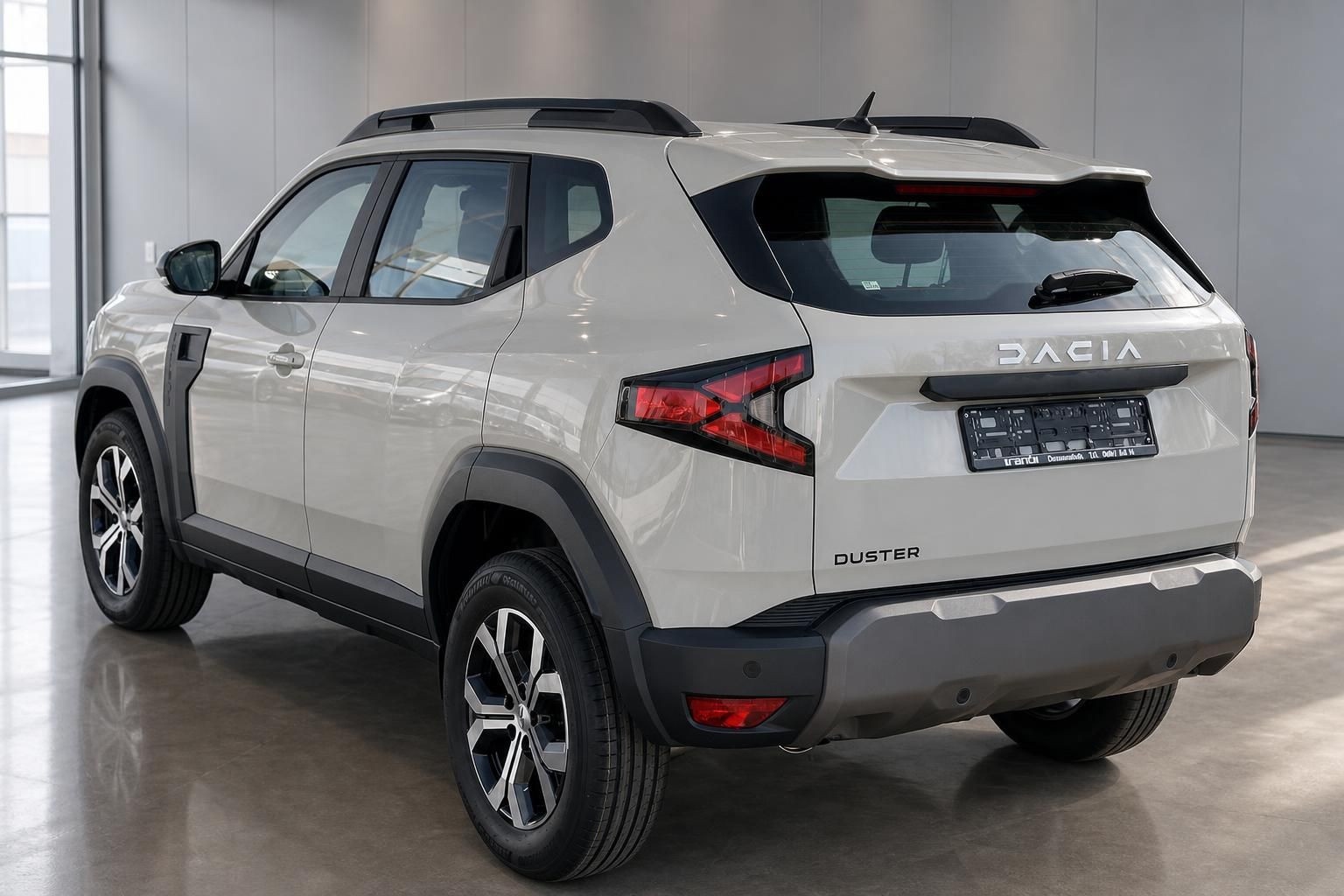 Dacia Duster Heckansicht schräg links, weiße Karosserie