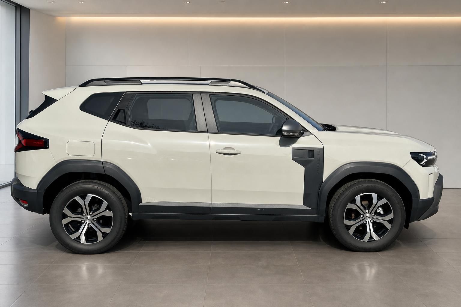 Dacia Duster Seitenansicht in Weiß mit schwarzen Felgen