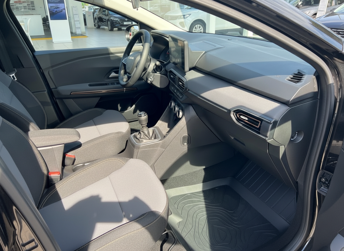 Dacia Sandero Innenraum mit Schaltgetriebe, Touchscreen und grauen Stoffsitzen in Autohaus