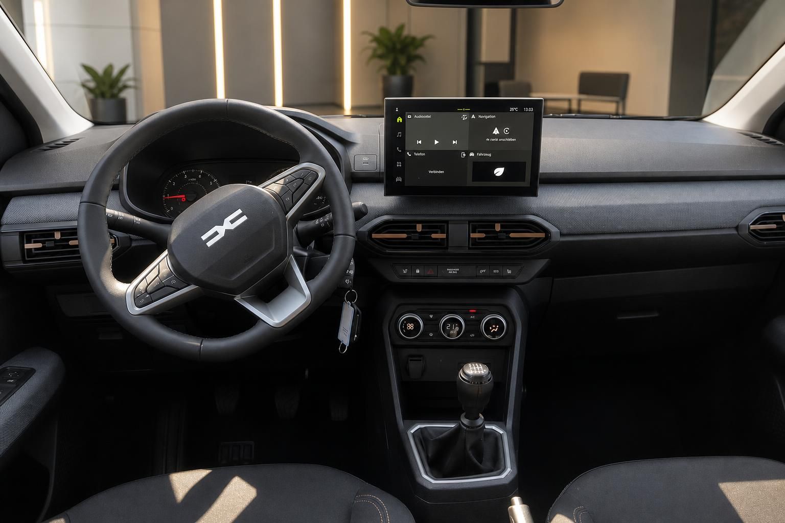 Cockpit mit Lenkrad, Touchscreen und Schaltung im Dacia Innenraum