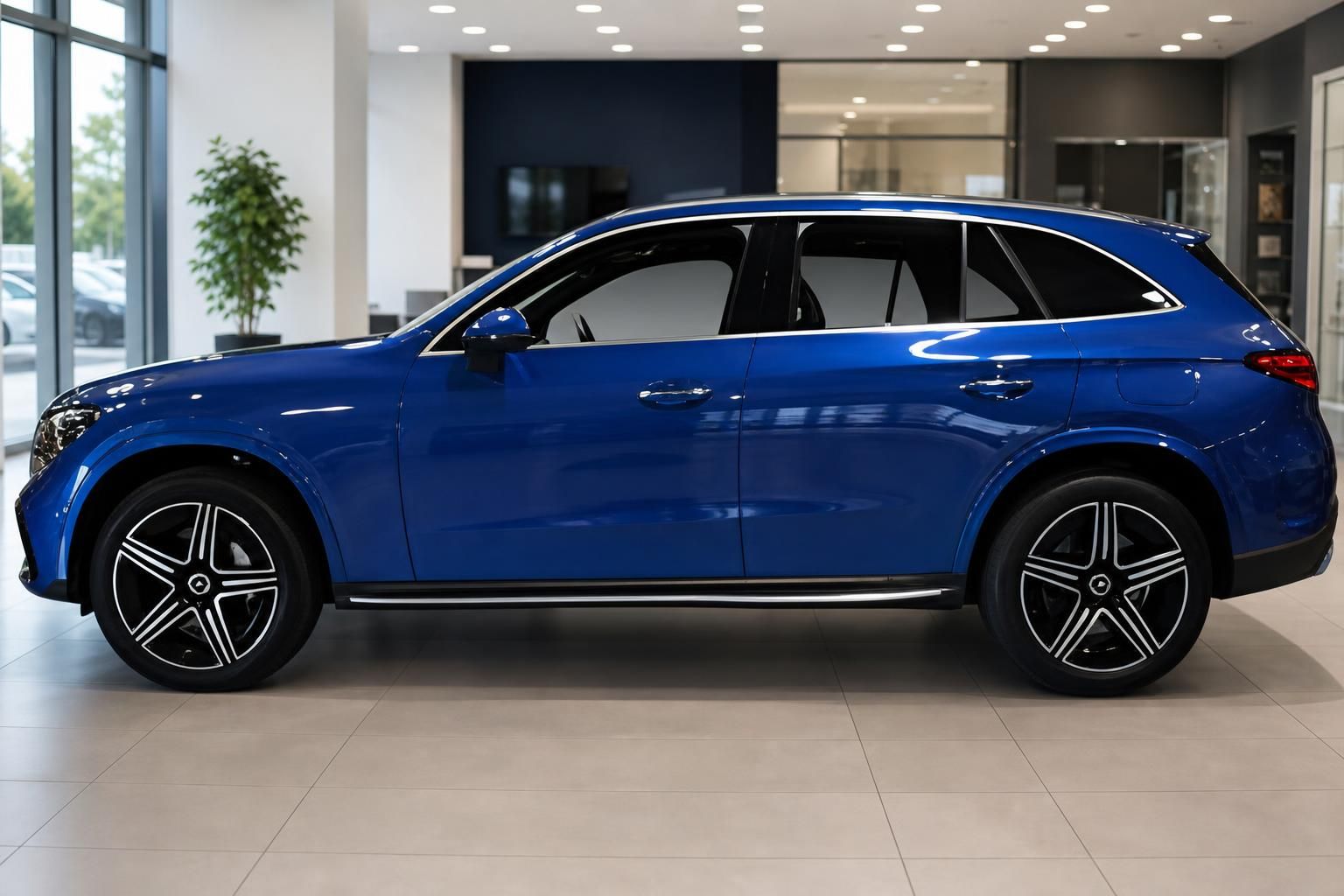 Mercedes-Benz GLC blau Seitenansicht im Showroom