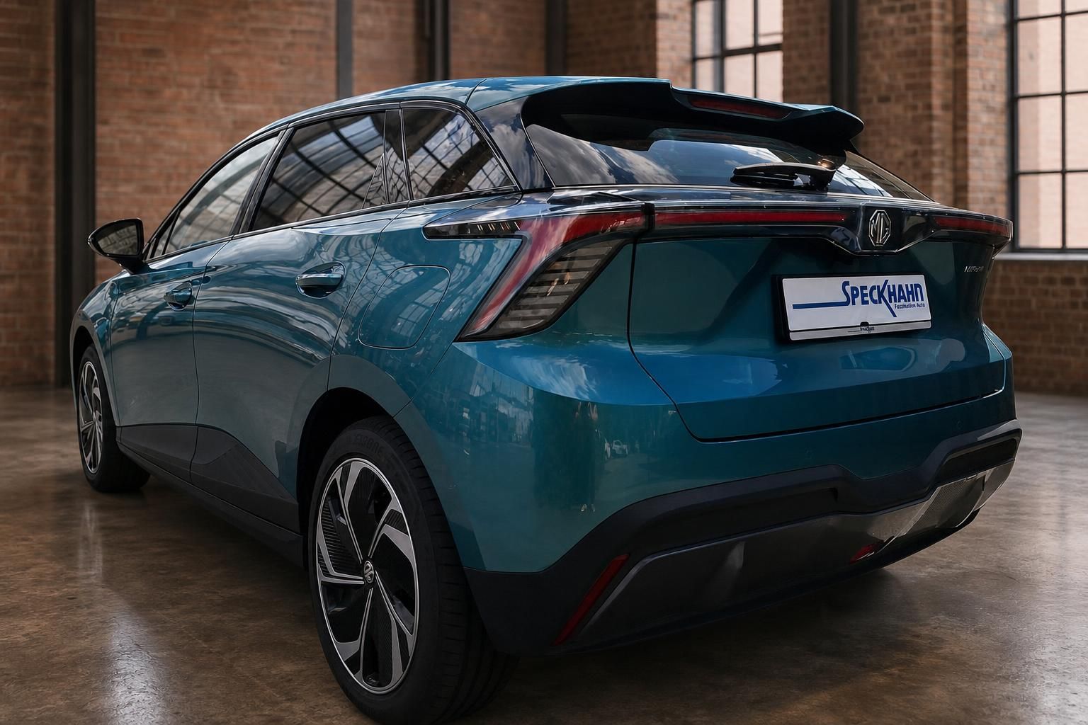 MG4 EV in Blau, Heck-Seitenansicht mit Spoiler